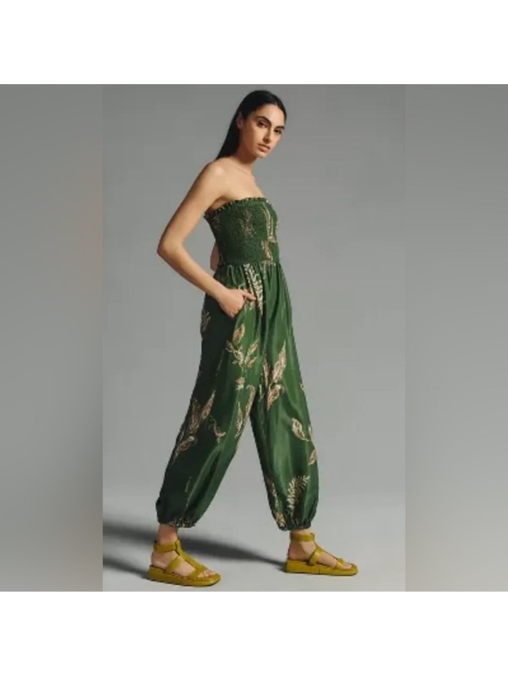 Anthropologie Green Botanical Smocked Harem Jumpsuit
